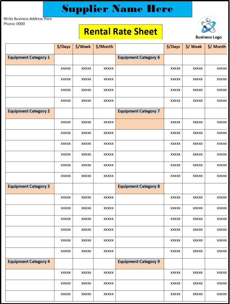 Rate Sheet Template Excel Word Template