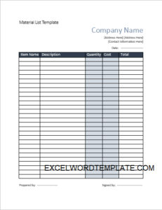 Material List Template Excel Word Template