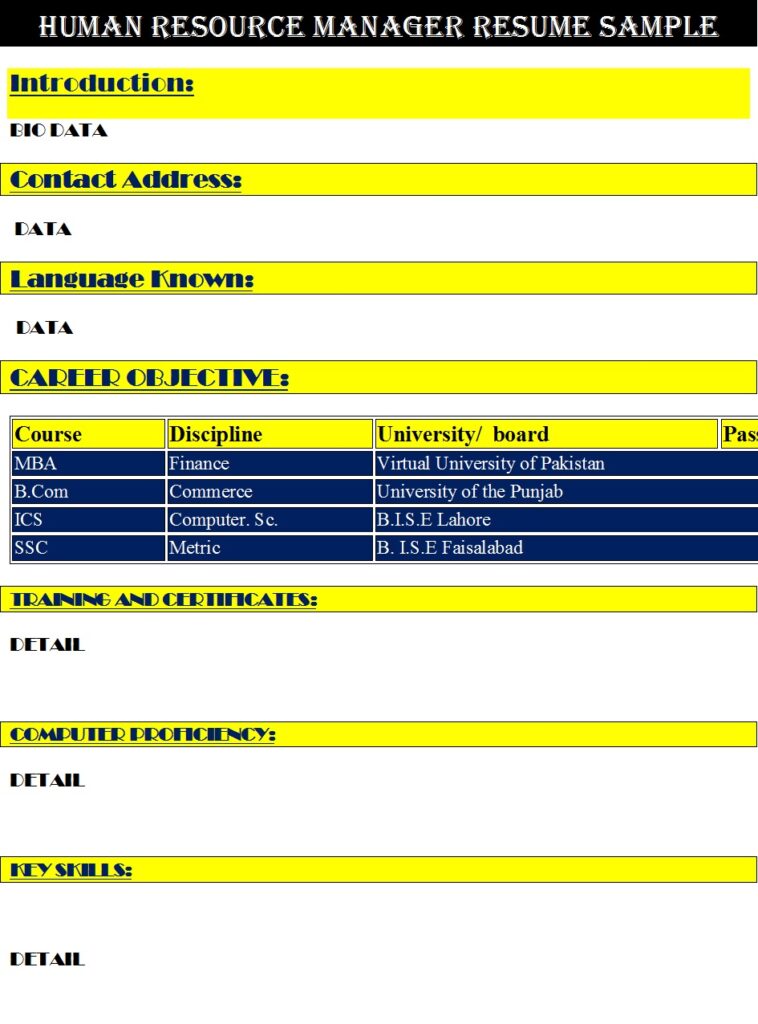 Human Resources Manager Resume Template Excel Word Template