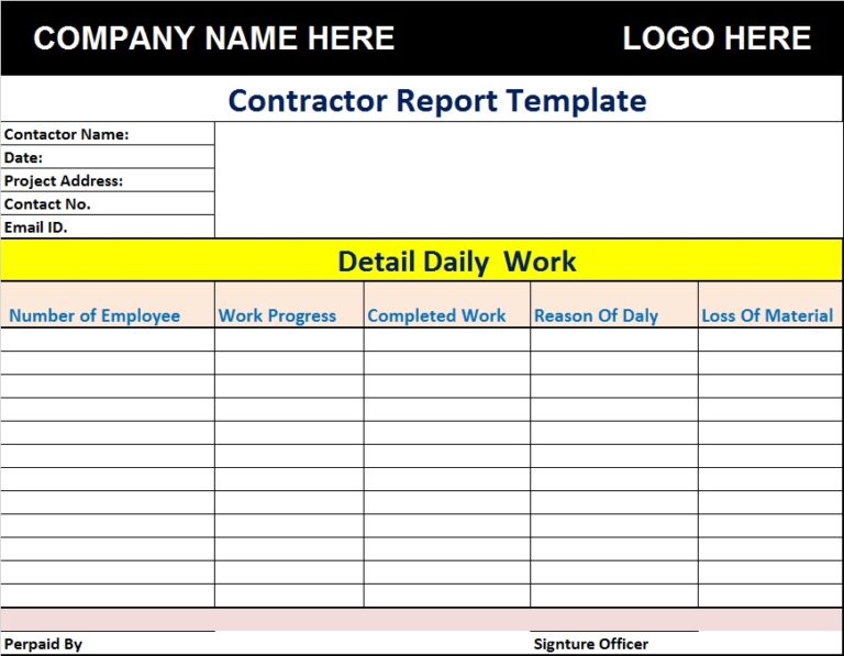 Contractor Report Templates - Excel Word Template