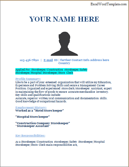 Store Keeper Resume Template Excel Word Template