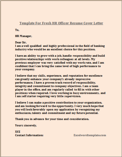 Fresh HR Officer Resume Cover Letter Template - Excel Word ... (421 x 543 Pixel)