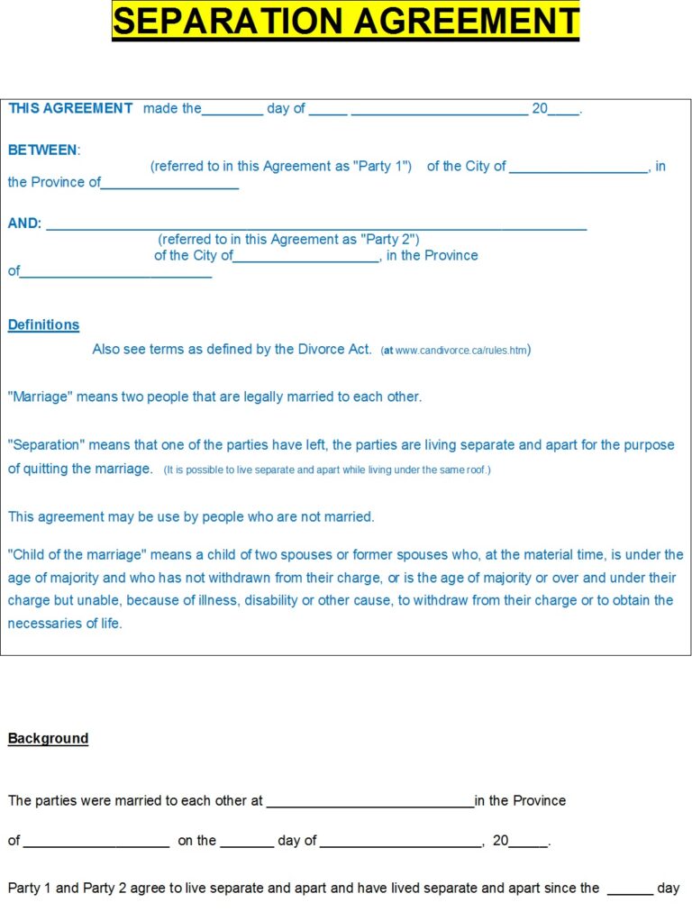 Separation Agreement Template Excel Word Template