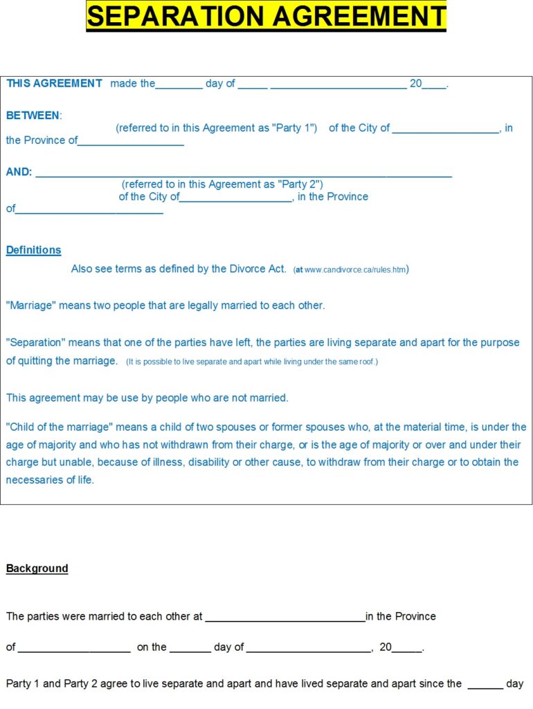 Separation Agreement Template - Excel Word Template