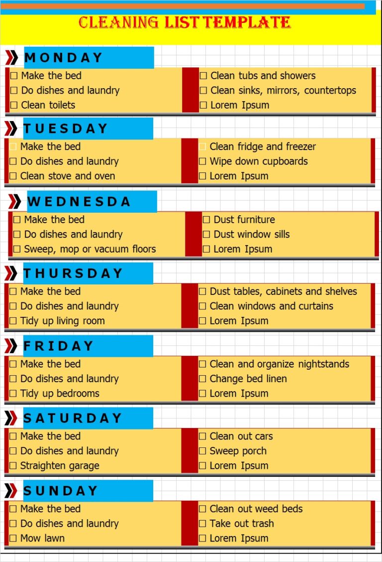 Cleaning List Templates - Excel Word Template