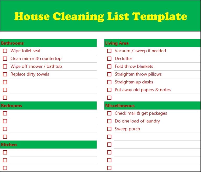 House Cleaning Checklist Templates - Excel Word Template