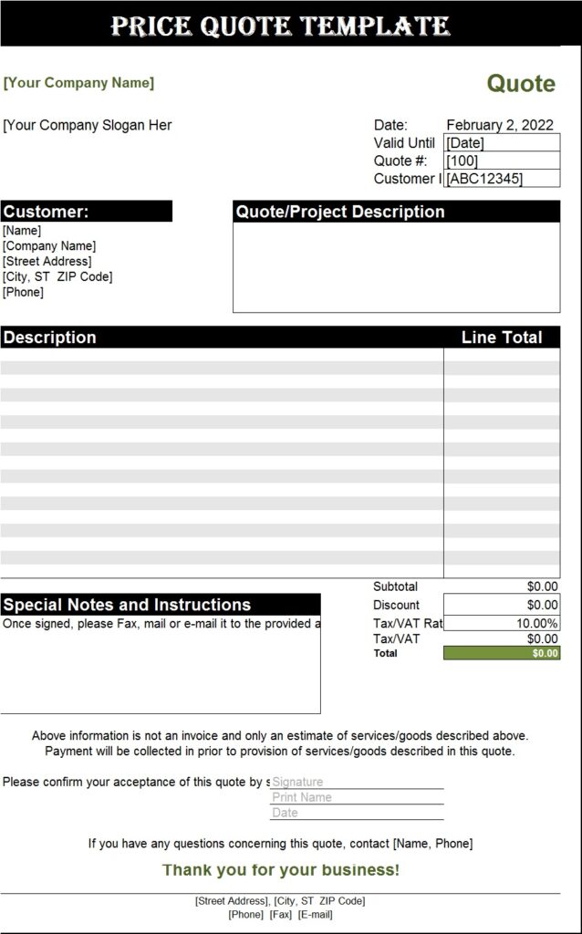 Free Quotation Template - Excel Word Template