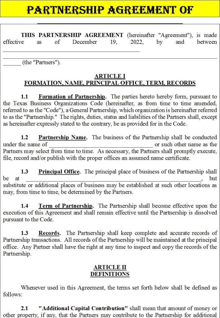 Partnership Agreement Template - Excel Word Template