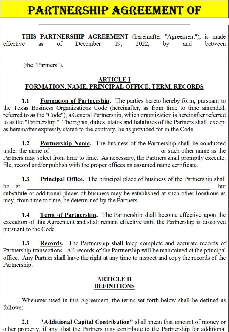 Partnership Agreement Template - Excel Word Template