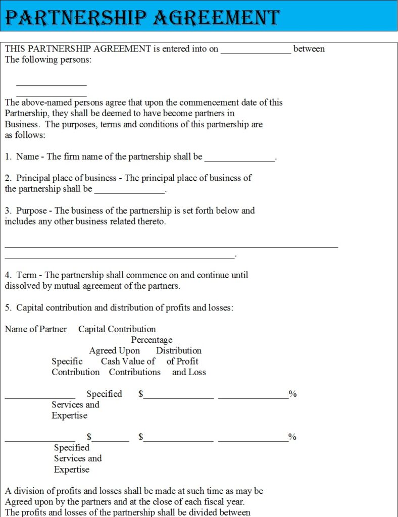 Partnership Agreement Template - Excel Word Template