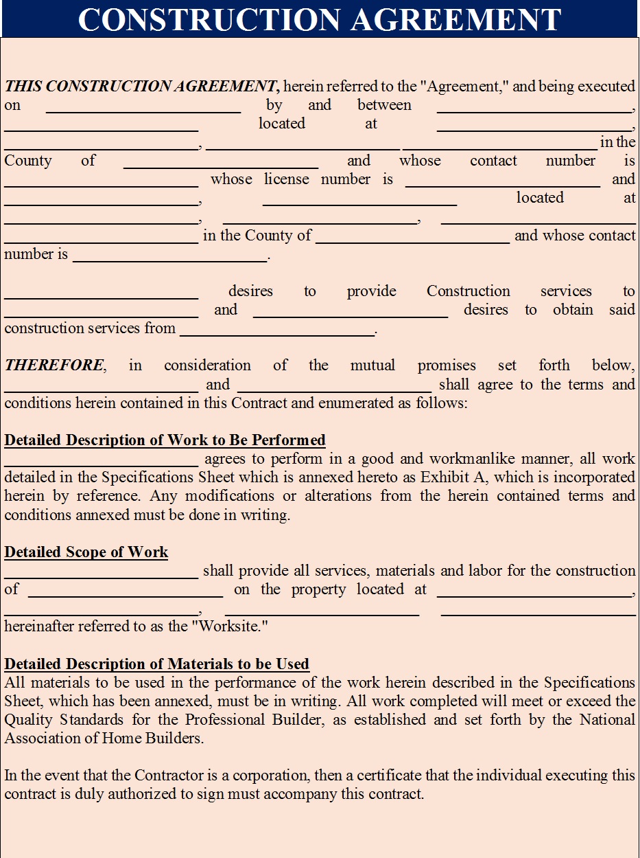 Construction Agreement Template Archives Excel Word Template