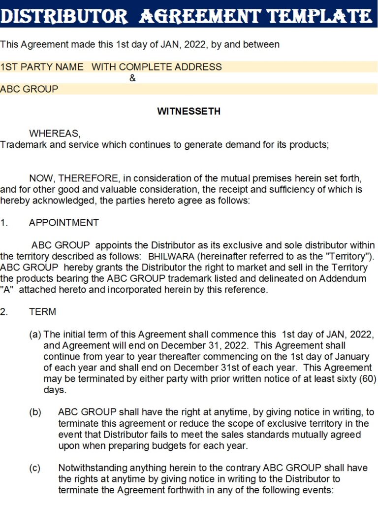 Distributor Agreement Template - Excel Word Template