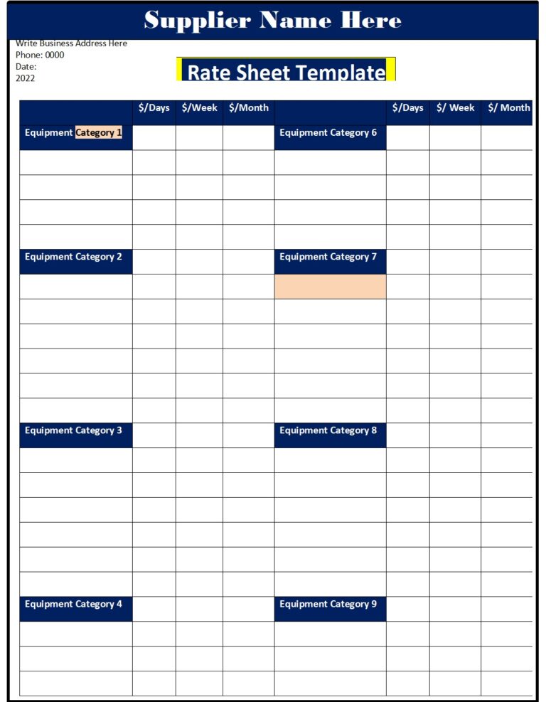 Free Rate Sheet Template Archives Excel Word Template