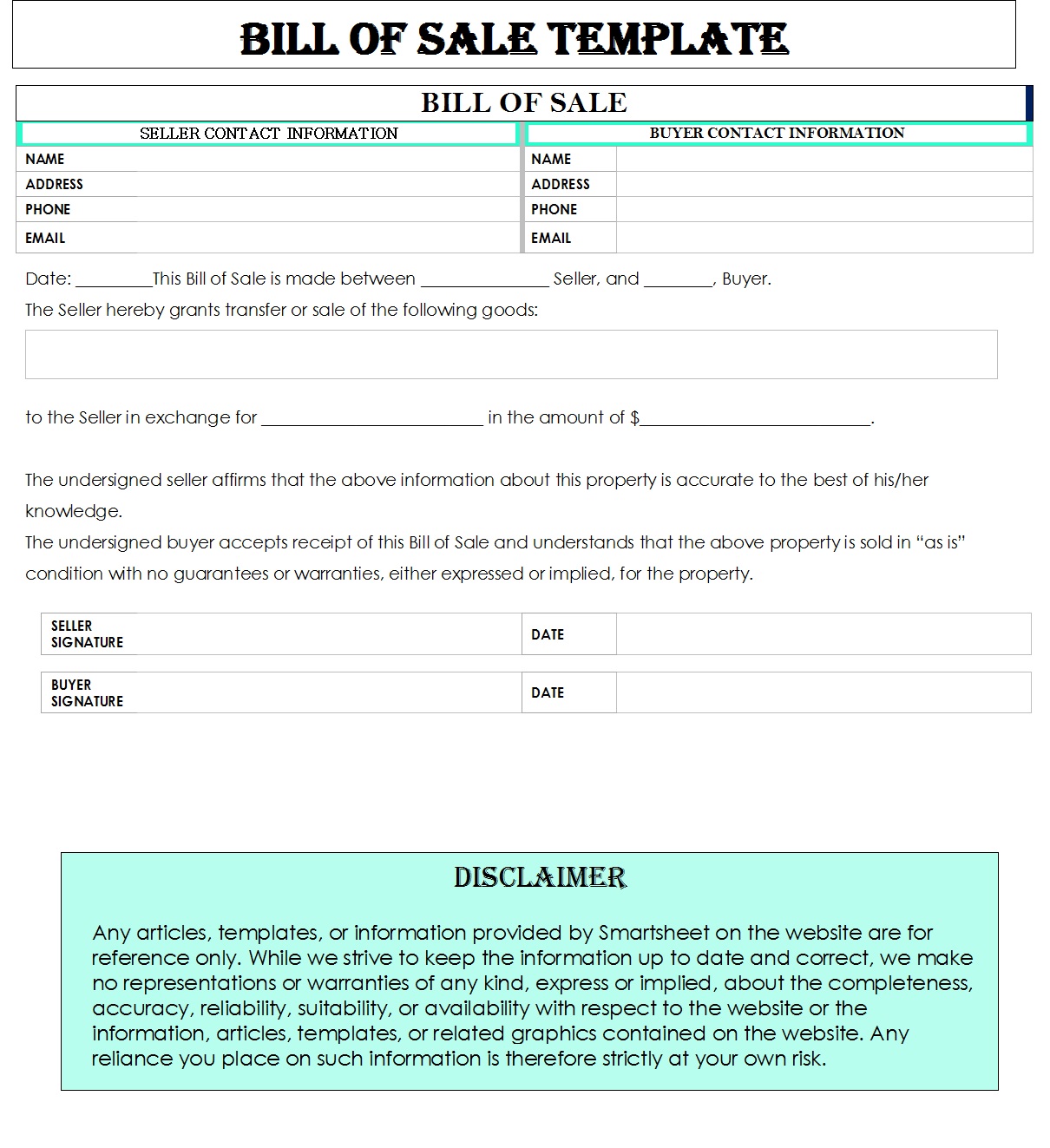 bill of sale template excel word template