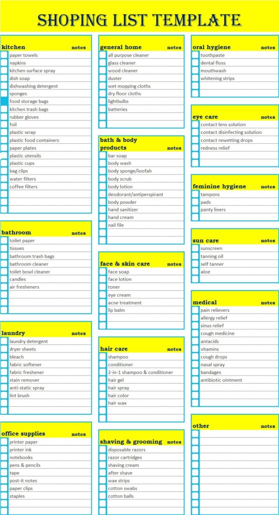 Shopping List Template - Excel Word Template