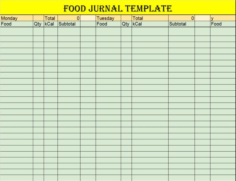 Food Journal Template - Excel Word Template