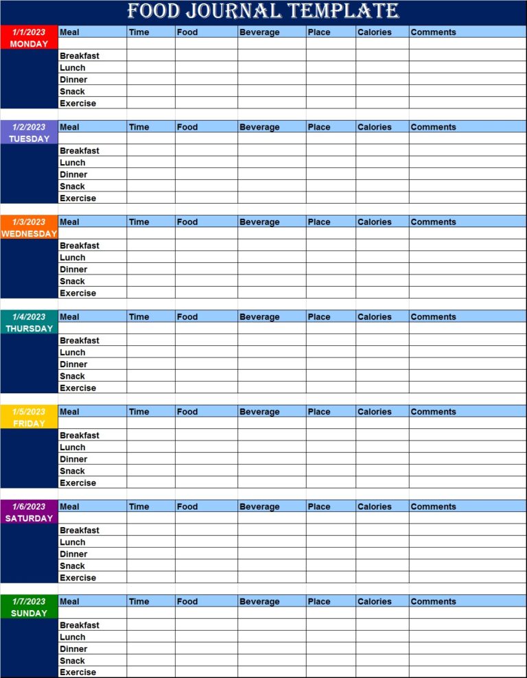 Food Journal Template - Excel Word Template