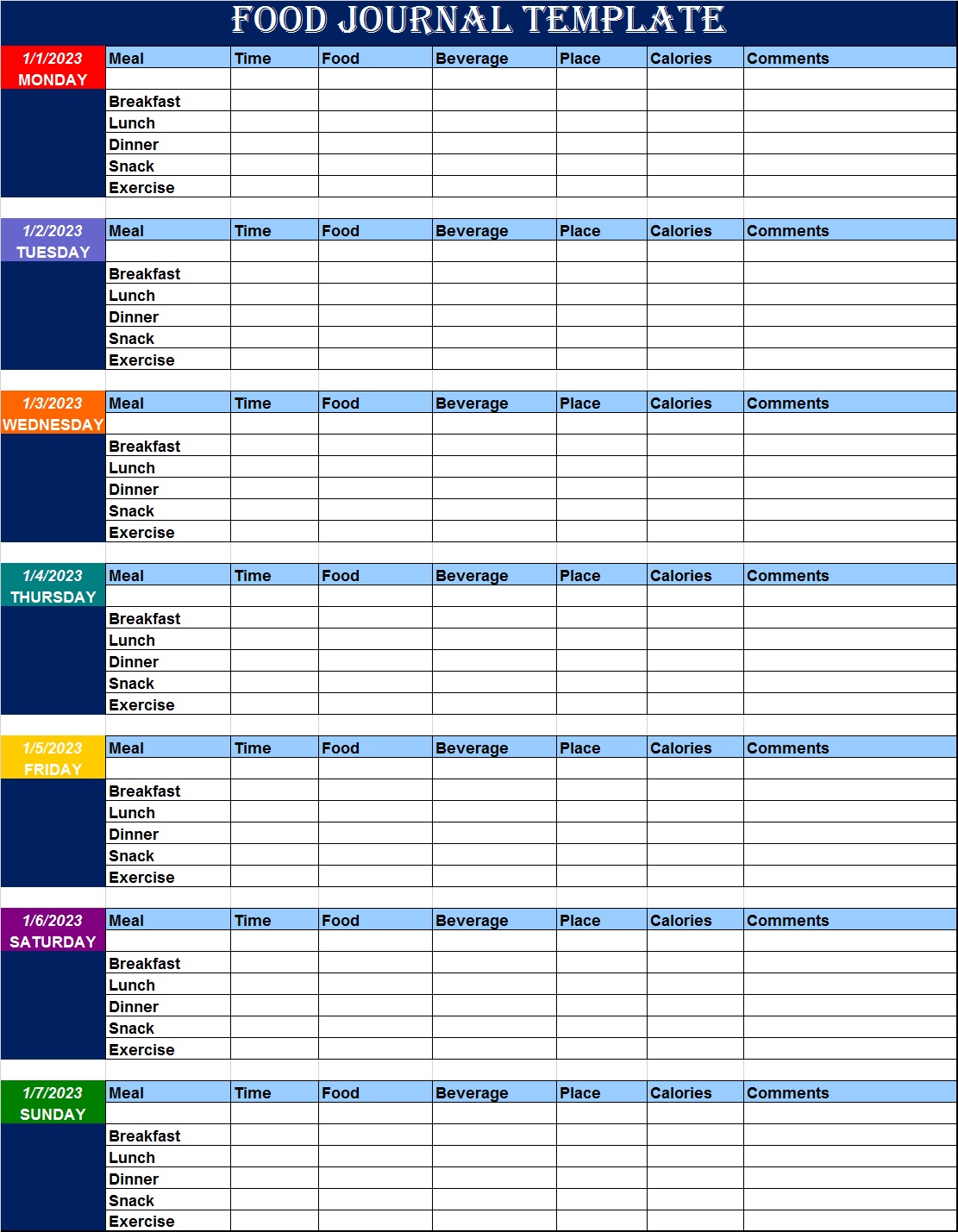 Food Journal Template - Excel Word Template