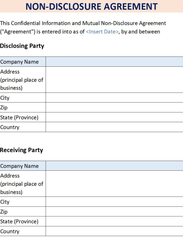 Non-Disclosure Agreement Template - Excel Word Template