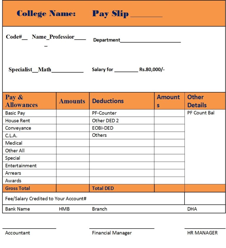 Educational Institute Pay Slip Template - Excel Word Template