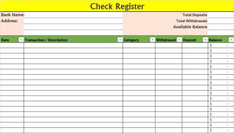 Free Checkbook Register Templates - Excel Word Template