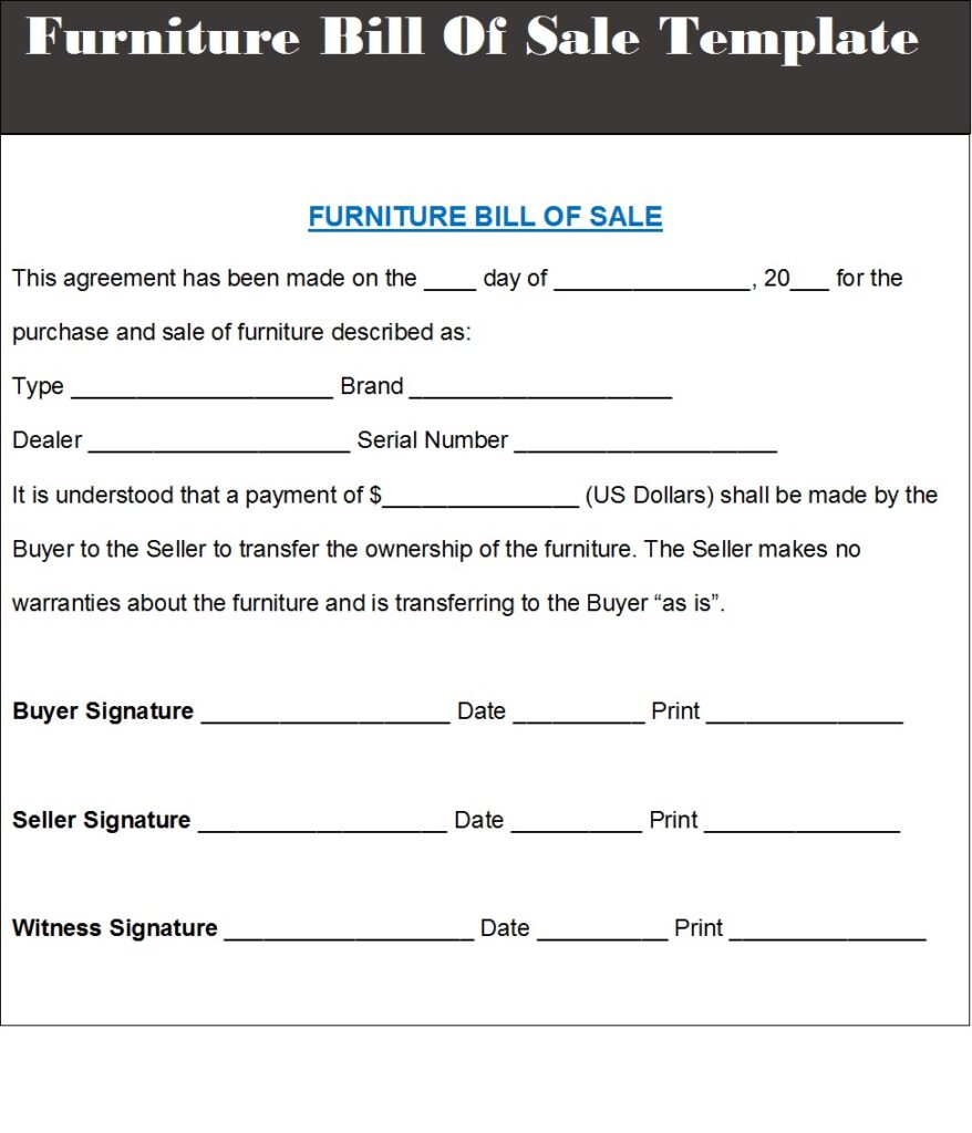 Top 6 Furniture Bill Of Sale Templates - Excel Word Template