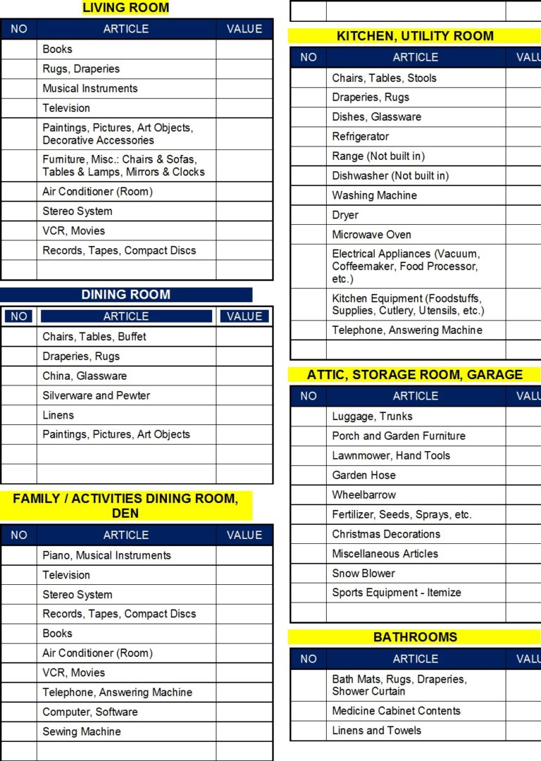 Household Inventory List Templates - Excel Word Template