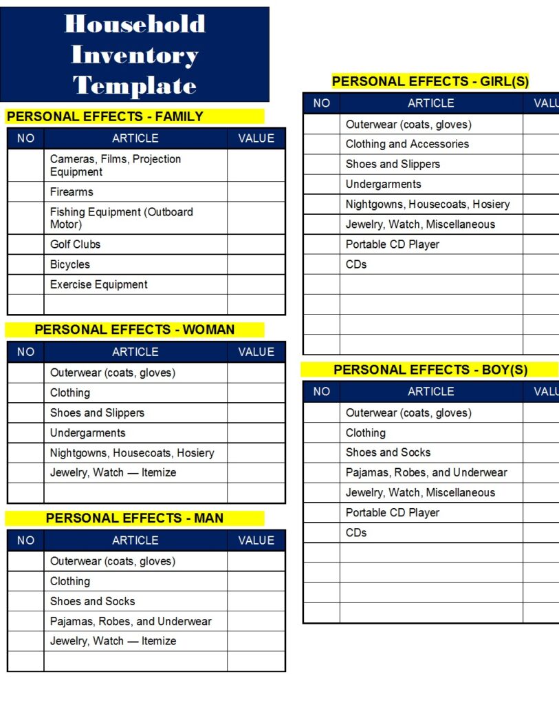 Household Inventory List Templates - Excel Word Template