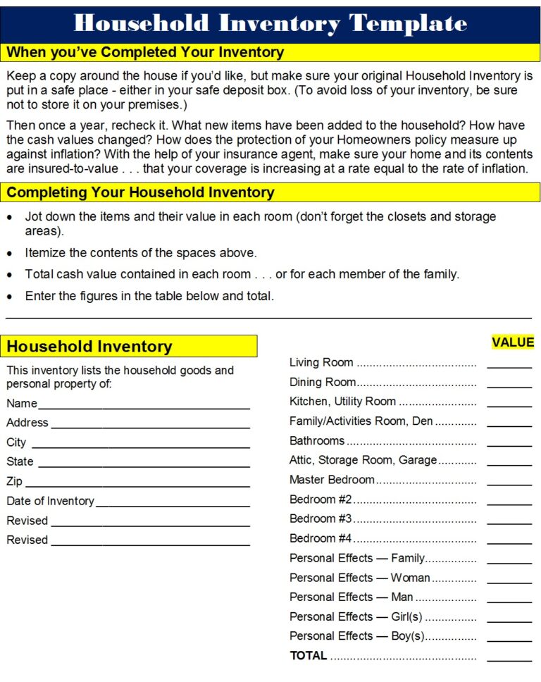 Household Inventory List Templates - Excel Word Template