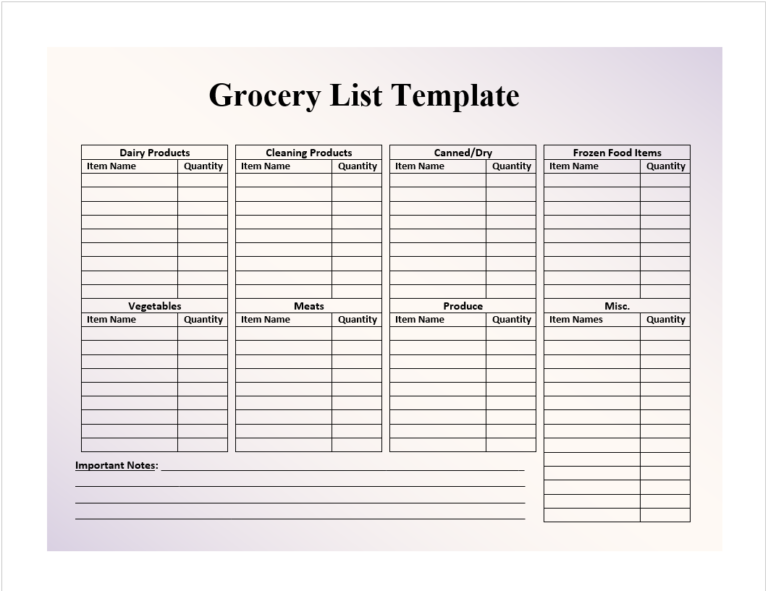 Grocery List Template - Excel Word Template