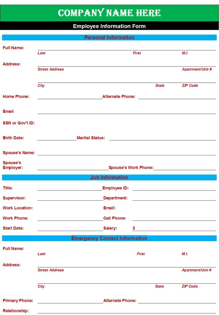 Best 10 Personal Information Form Templates - Excel Word Template