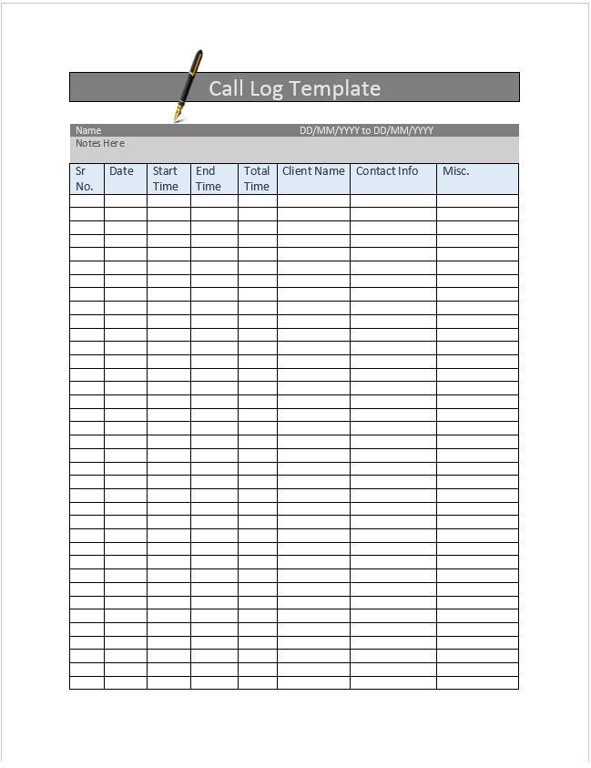 Call Log Templates - Excel Word Template