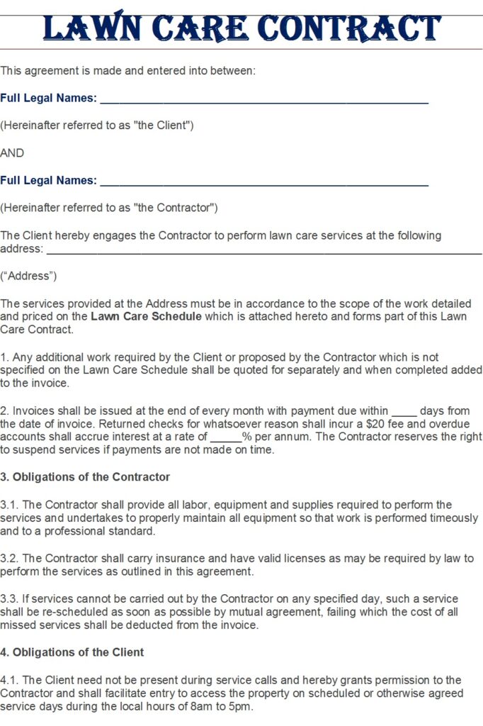 5+Lawn Care Contract Templates - Excel Word Template