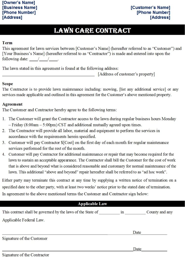 5+Lawn Care Contract Templates Excel Word Template