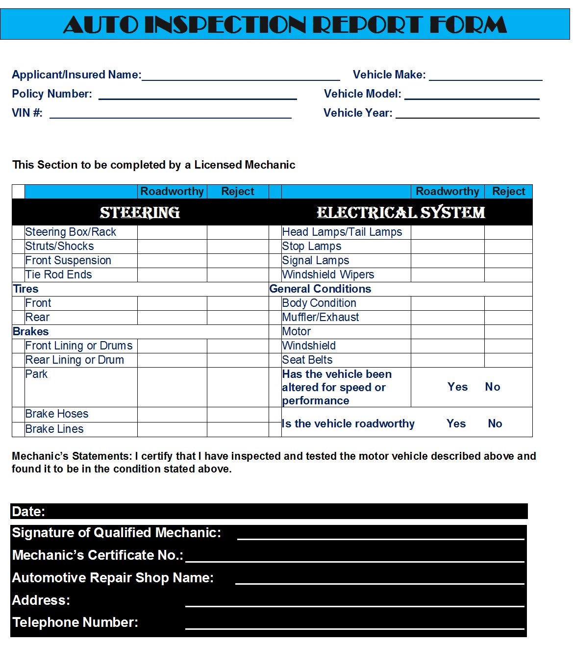 Auto Inspection Report Templates Excel Word Template