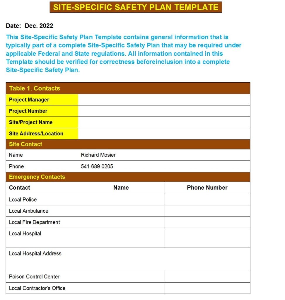 Site Specific Safety Plan SSSP Templates Excel Word Template