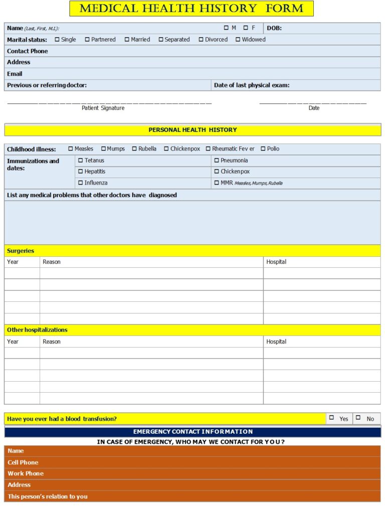 Medical Health History Form Templates - Excel Word Template