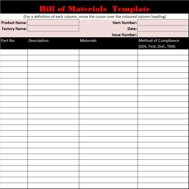 Bill Of Material Templates - Excel Word Template