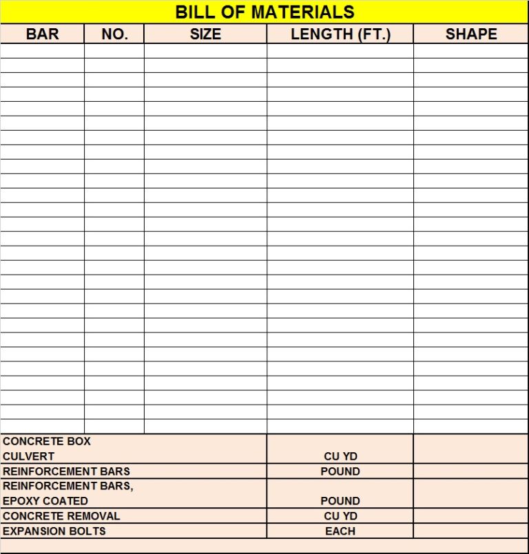 Bill Of Material Templates - Excel Word Template