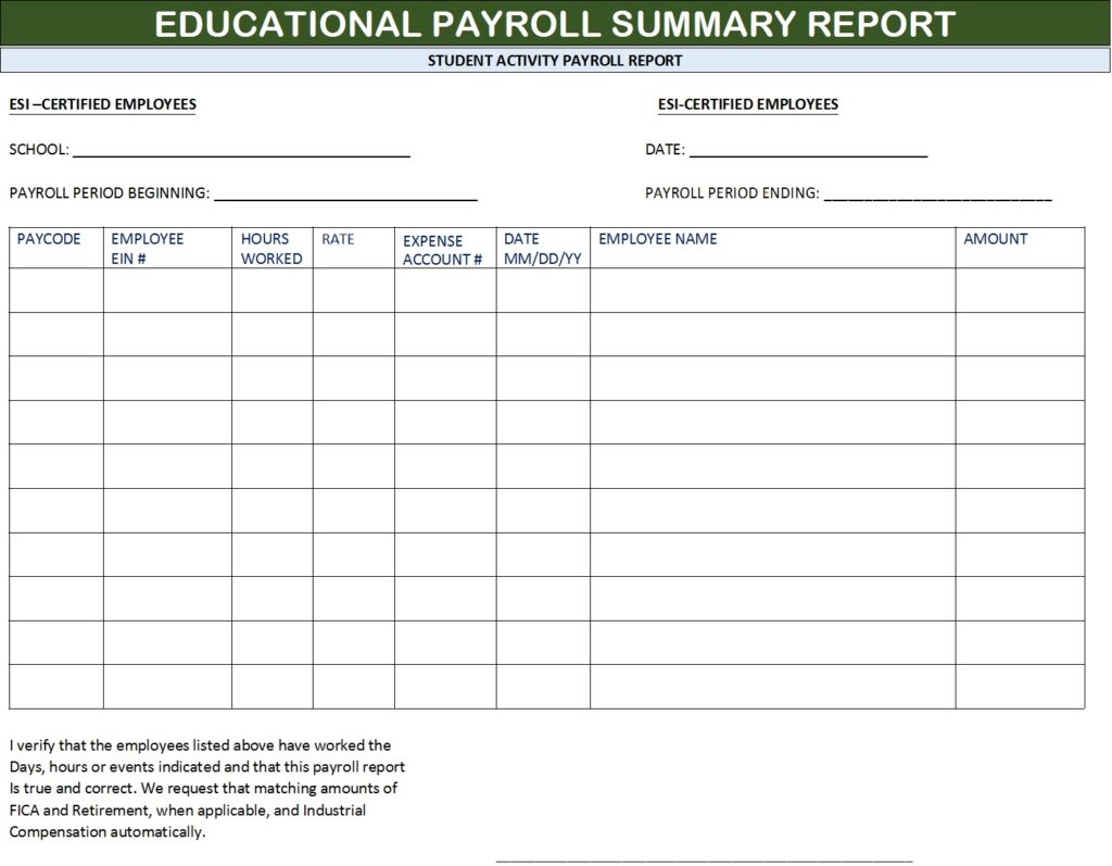 Educational Payroll Report Templates - Excel Word Template