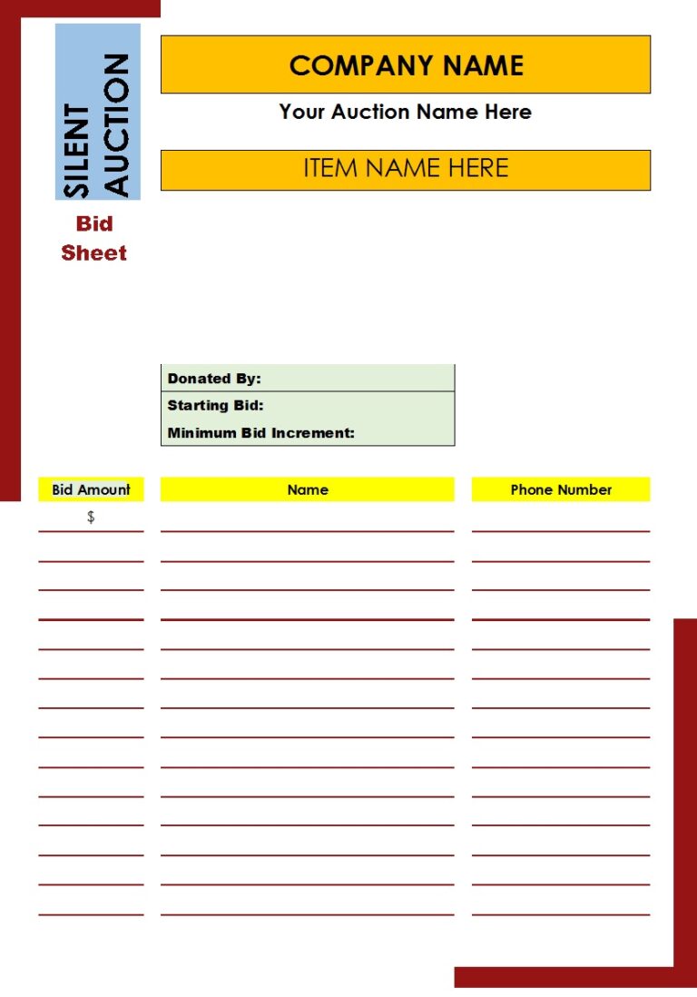 Download Best 4 Auction Bid Sheet Templates - Excel Word Template